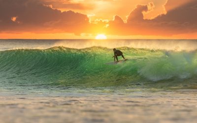 Surfer Surfing at Sunrise on a perfect wave